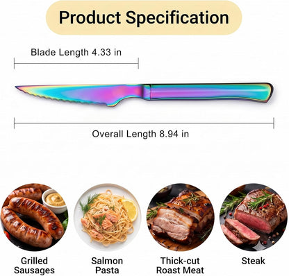 6 Pack Rainbow Stainless Steel Steak Knives, Iridescent Serrated Sharp Dinner Cutlery Knives Set for Kitchen Table