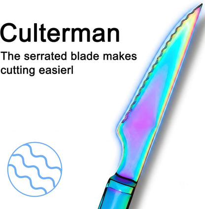 6 Pack Rainbow Stainless Steel Steak Knives, Iridescent Serrated Sharp Dinner Cutlery Knives Set for Kitchen Table