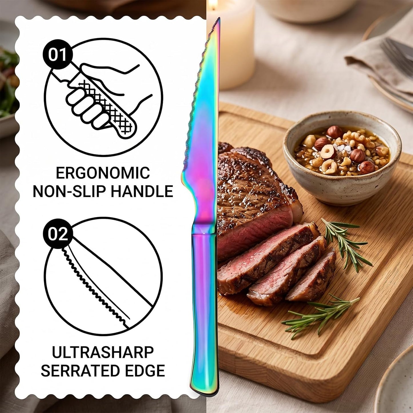 6 Pack Rainbow Stainless Steel Steak Knives, Iridescent Serrated Sharp Dinner Cutlery Knives Set for Kitchen Table