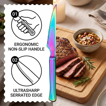 6 Pack Rainbow Stainless Steel Steak Knives, Iridescent Serrated Sharp Dinner Cutlery Knives Set for Kitchen Table