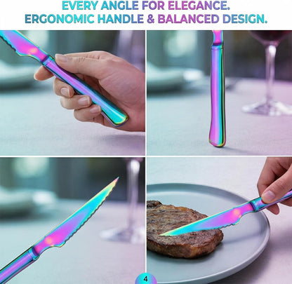 6 Pack Rainbow Stainless Steel Steak Knives, Iridescent Serrated Sharp Dinner Cutlery Knives Set for Kitchen Table