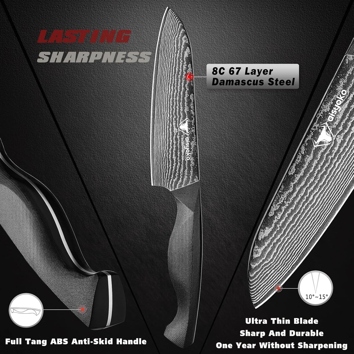 aisyoko Santoku Knife 5" inches-Japan 8C Super Steel 67 Layer Damascus Steel-Sharp Kitchen Knife-Full Tang ABS Anti-Skid Handle utility knife Cooking Knife with Luxury Gift Box