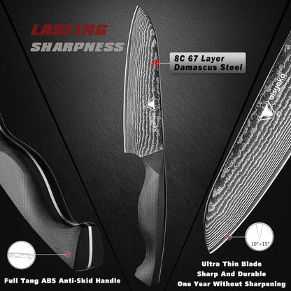 aisyoko Santoku Knife 5" inches-Japan 8C Super Steel 67 Layer Damascus Steel-Sharp Kitchen Knife-Full Tang ABS Anti-Skid Handle utility knife Cooking Knife with Luxury Gift Box