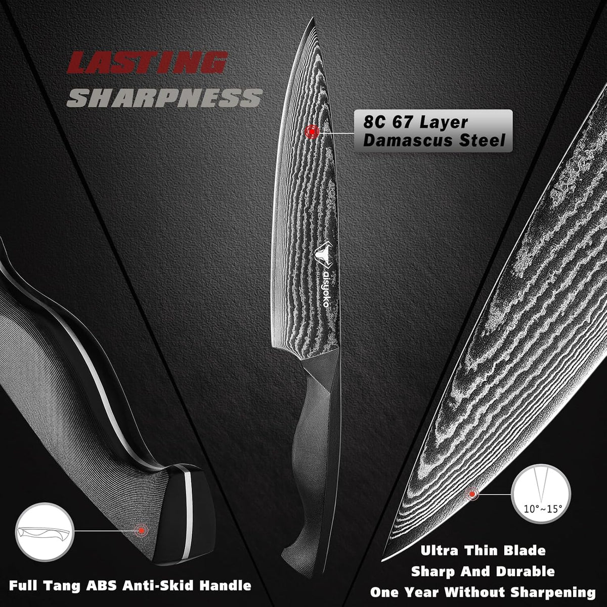 aisyoko Santoku Knife 5" inches-Japan 8C Super Steel 67 Layer Damascus Steel-Sharp Kitchen Knife-Full Tang ABS Anti-Skid Handle utility knife Cooking Knife with Luxury Gift Box