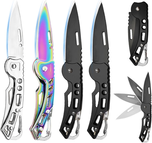 4 Pack Pocket Knife, Stainless Steel Folding Knife with Keychain, Self-Defense Knife for Outdoor Survival, Everyday Carry and Gift