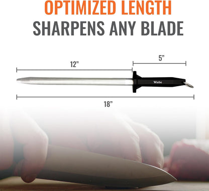 Wiebe 12-Inch Fine Grit Diamond Sharpening Steel | Professional Honing Rod for Hunting, Butcher, and Skinning Knives | Quickly Sharpens High-Carbon and Stainless Steel Blades