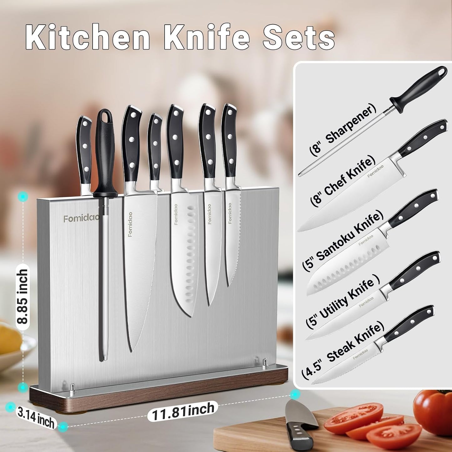 4PSC Knife Block Set With Magnetic Knife Block Holder, Ultra-Sharp Japanese Kitchen Knife Set, High-carbon Steel Chef Knife Sets With Full Tang Handle Design
