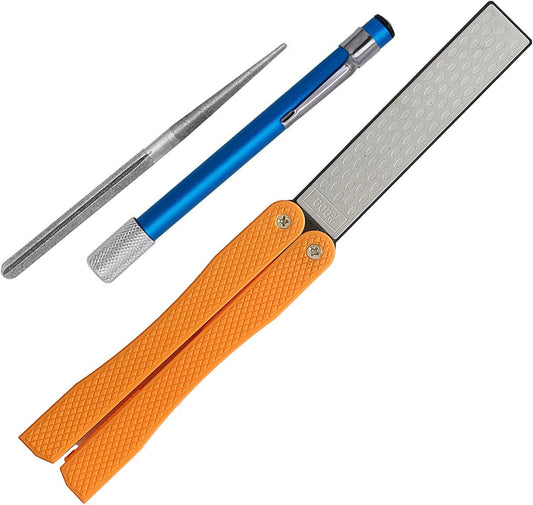 Knife Sharpener – Orange/Black Pocket Portable Diamond Sharpening Stone, Two-sided 400/600 Grit, Folding Design for Outdoor and Home Use, Comes with a Blue Diamond Polishing Rod (Orange)