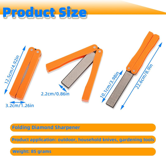 Knife Sharpener – Orange/Black Pocket Portable Diamond Sharpening Stone, Two-sided 400/600 Grit, Folding Design for Outdoor and Home Use, Comes with a Blue Diamond Polishing Rod (Orange)