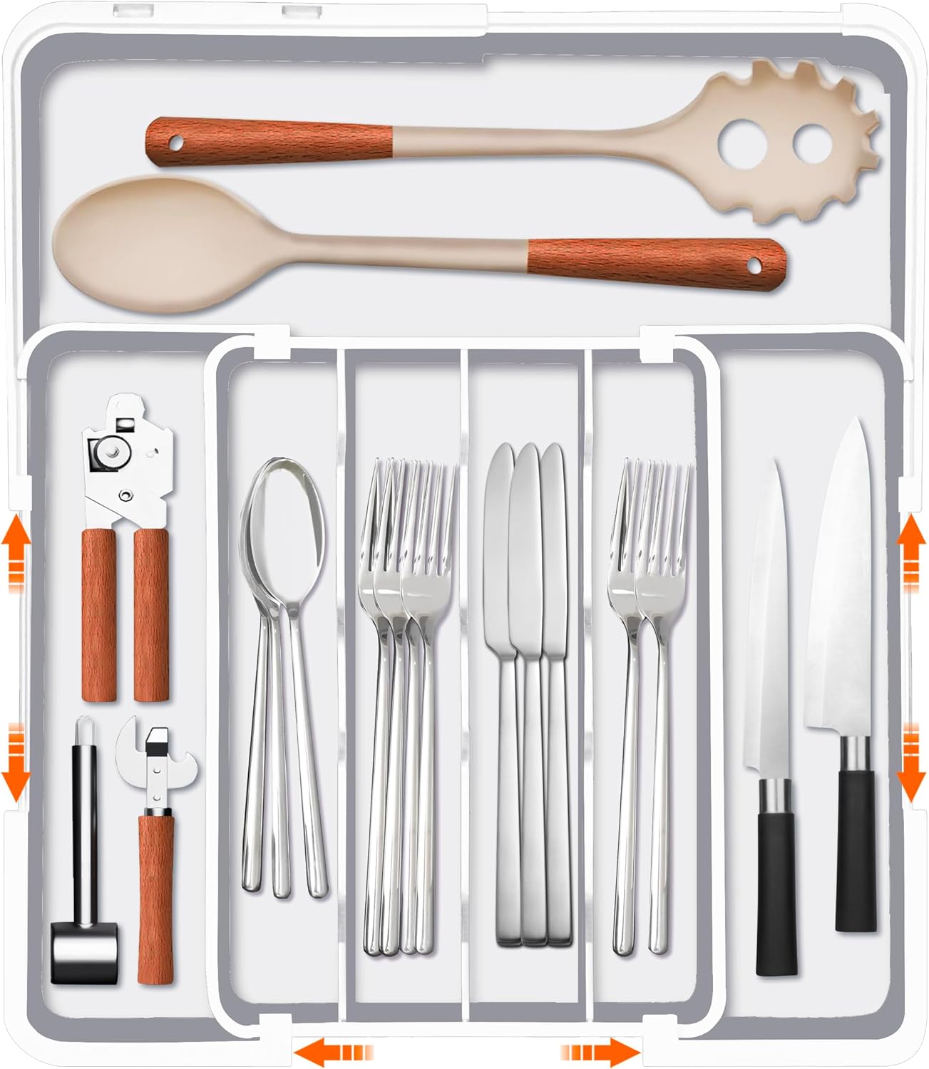 Silverware Drawer Organizer, Adjustable Kitchen Drawer Organizer, Expands from 4 to 7 Slots, Non-Slip BPA-Free Flatware Cutlery Utensil Holder for Forks Knives Spoons and Kitchen Utensil,White
