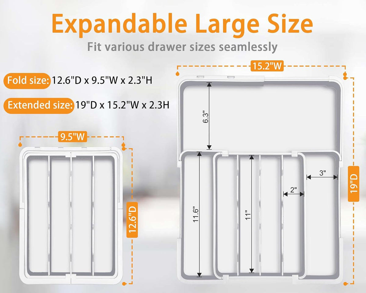 Silverware Drawer Organizer, Adjustable Kitchen Drawer Organizer, Expands from 4 to 7 Slots, Non-Slip BPA-Free Flatware Cutlery Utensil Holder for Forks Knives Spoons and Kitchen Utensil,White
