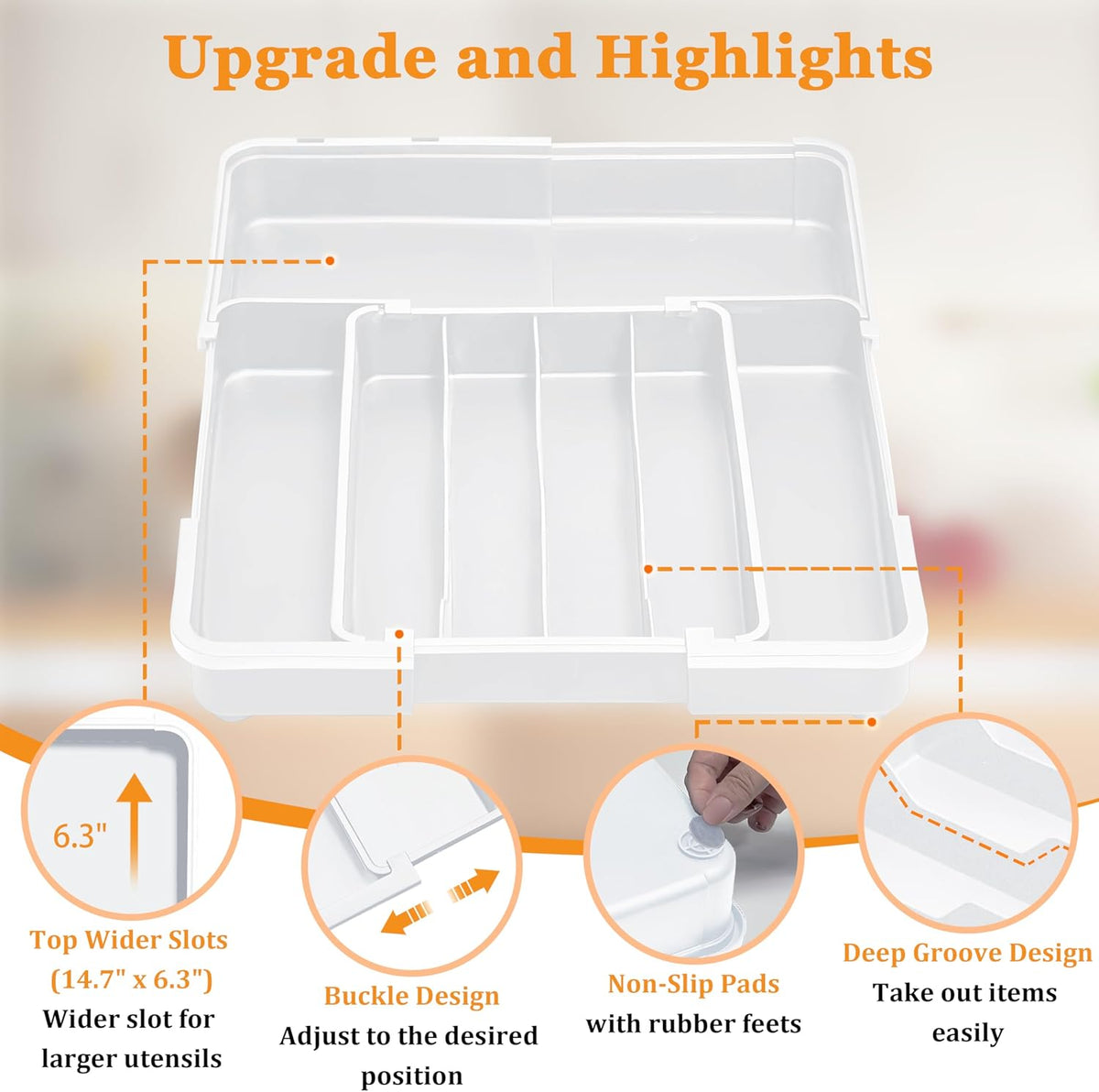 Silverware Drawer Organizer, Adjustable Kitchen Drawer Organizer, Expands from 4 to 7 Slots, Non-Slip BPA-Free Flatware Cutlery Utensil Holder for Forks Knives Spoons and Kitchen Utensil,White
