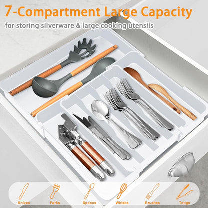 Silverware Drawer Organizer, Adjustable Kitchen Drawer Organizer, Expands from 4 to 7 Slots, Non-Slip BPA-Free Flatware Cutlery Utensil Holder for Forks Knives Spoons and Kitchen Utensil,White
