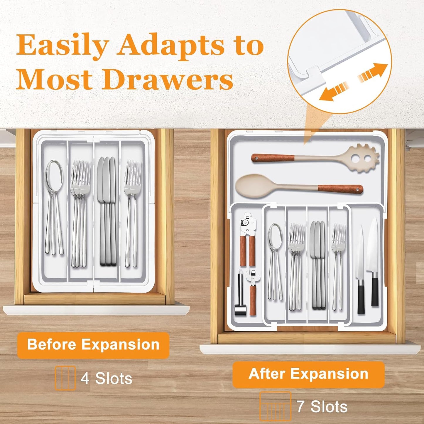 Silverware Drawer Organizer, Adjustable Kitchen Drawer Organizer, Expands from 4 to 7 Slots, Non-Slip BPA-Free Flatware Cutlery Utensil Holder for Forks Knives Spoons and Kitchen Utensil,White