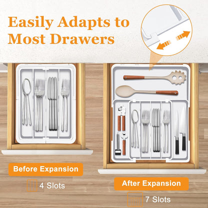 Silverware Drawer Organizer, Adjustable Kitchen Drawer Organizer, Expands from 4 to 7 Slots, Non-Slip BPA-Free Flatware Cutlery Utensil Holder for Forks Knives Spoons and Kitchen Utensil,White