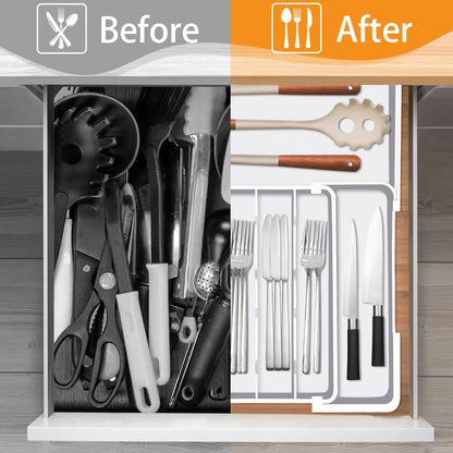 Silverware Drawer Organizer, Adjustable Kitchen Drawer Organizer, Expands from 4 to 7 Slots, Non-Slip BPA-Free Flatware Cutlery Utensil Holder for Forks Knives Spoons and Kitchen Utensil,White