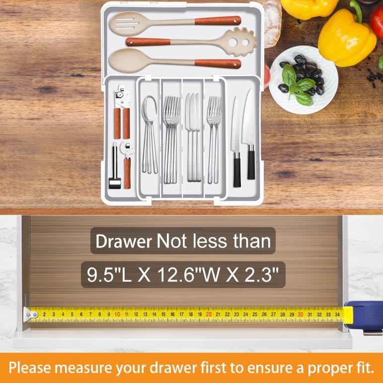 Silverware Drawer Organizer, Adjustable Kitchen Drawer Organizer, Expands from 4 to 7 Slots, Non-Slip BPA-Free Flatware Cutlery Utensil Holder for Forks Knives Spoons and Kitchen Utensil,White