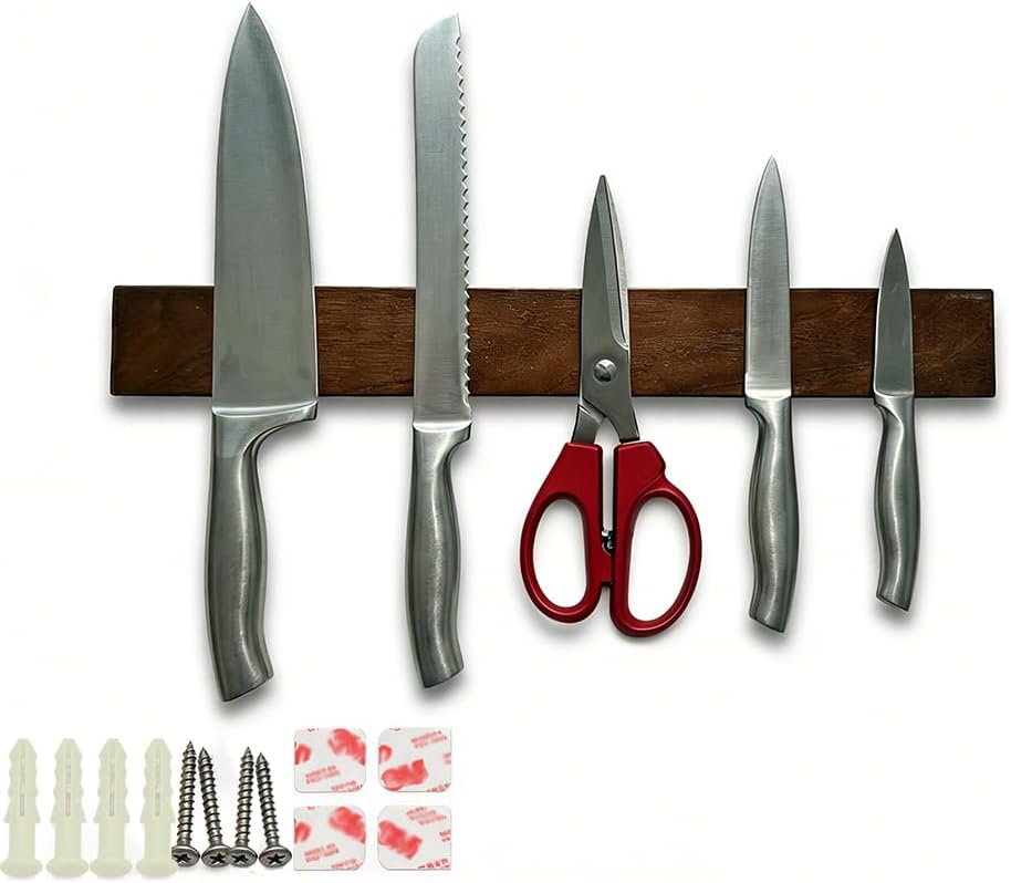 16 Inch Magnetic Knife Holder for Wall, Knife Magnetic Strip,Wall Mounted Stainless Steel Core, Walnut Finish, Kitchen Tool Storage Rack(Suitable for Metal Products with High iron Content)