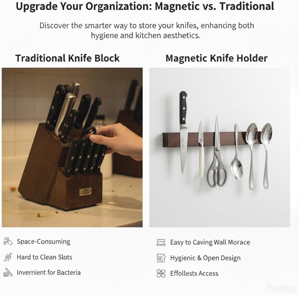 16 Inch Magnetic Knife Holder for Wall, Knife Magnetic Strip,Wall Mounted Stainless Steel Core, Walnut Finish, Kitchen Tool Storage Rack(Suitable for Metal Products with High iron Content)