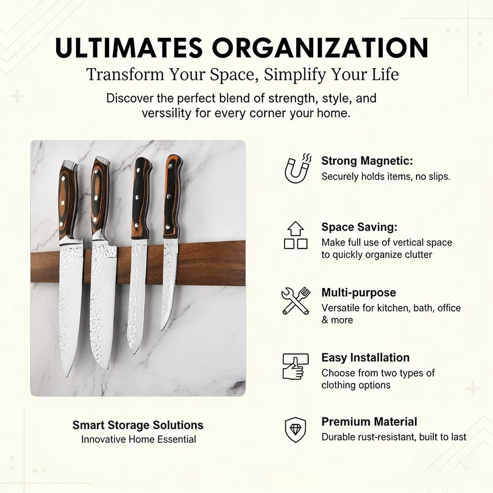 16 Inch Magnetic Knife Holder for Wall, Knife Magnetic Strip,Wall Mounted Stainless Steel Core, Walnut Finish, Kitchen Tool Storage Rack(Suitable for Metal Products with High iron Content)