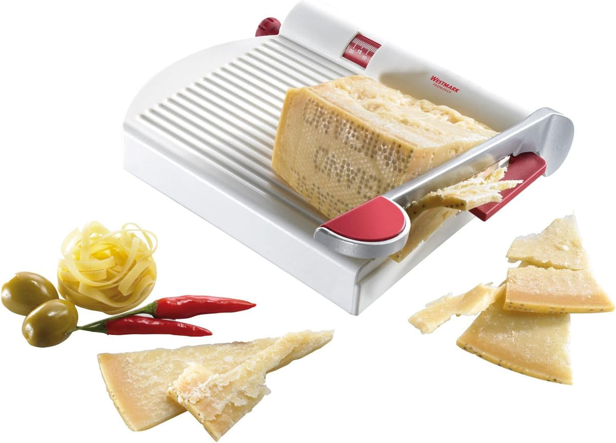 Adjustable Cheese Slicer with Board & Stainless Steel Sharp Blade, German Cheese Cutter with Precise Thickness Control, Multipurpose Food & Cheese Slicer, Effortless Slicing, White