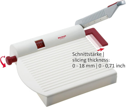 Adjustable Cheese Slicer with Board & Stainless Steel Sharp Blade, German Cheese Cutter with Precise Thickness Control, Multipurpose Food & Cheese Slicer, Effortless Slicing, White