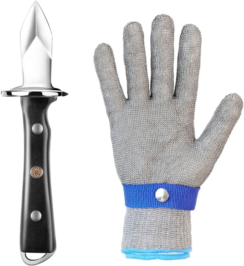 Oyster Shucking Knife+A9 Cut-Resistant Glove with Portable Case,Stainless Steel Oyster Knife and Oyster Shucking Gloves Kit,Heavy Duty Oyster Opener Tool, Oyster Shucker Tool for Chef