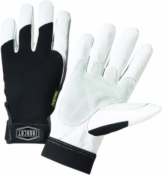 Ironcat Heavy Duty Top Grain Goatskin Leather Glove with Spandex Back, Reinforced Palm, Hook & Loop Closure, White/Black