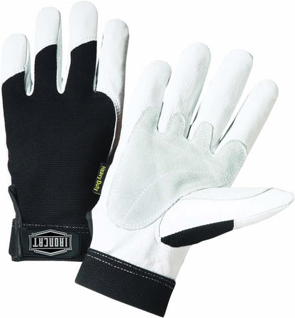 Ironcat Heavy Duty Top Grain Goatskin Leather Glove with Spandex Back, Reinforced Palm, Hook & Loop Closure, White/Black