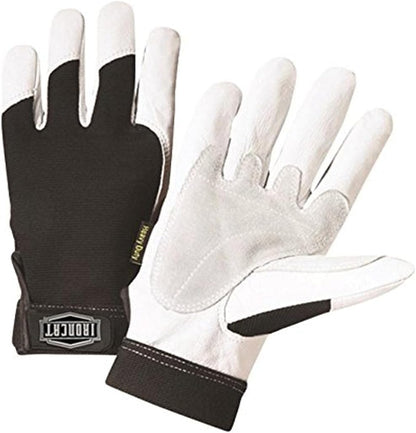 Ironcat Heavy Duty Top Grain Goatskin Leather Glove with Spandex Back, Reinforced Palm, Hook & Loop Closure, White/Black