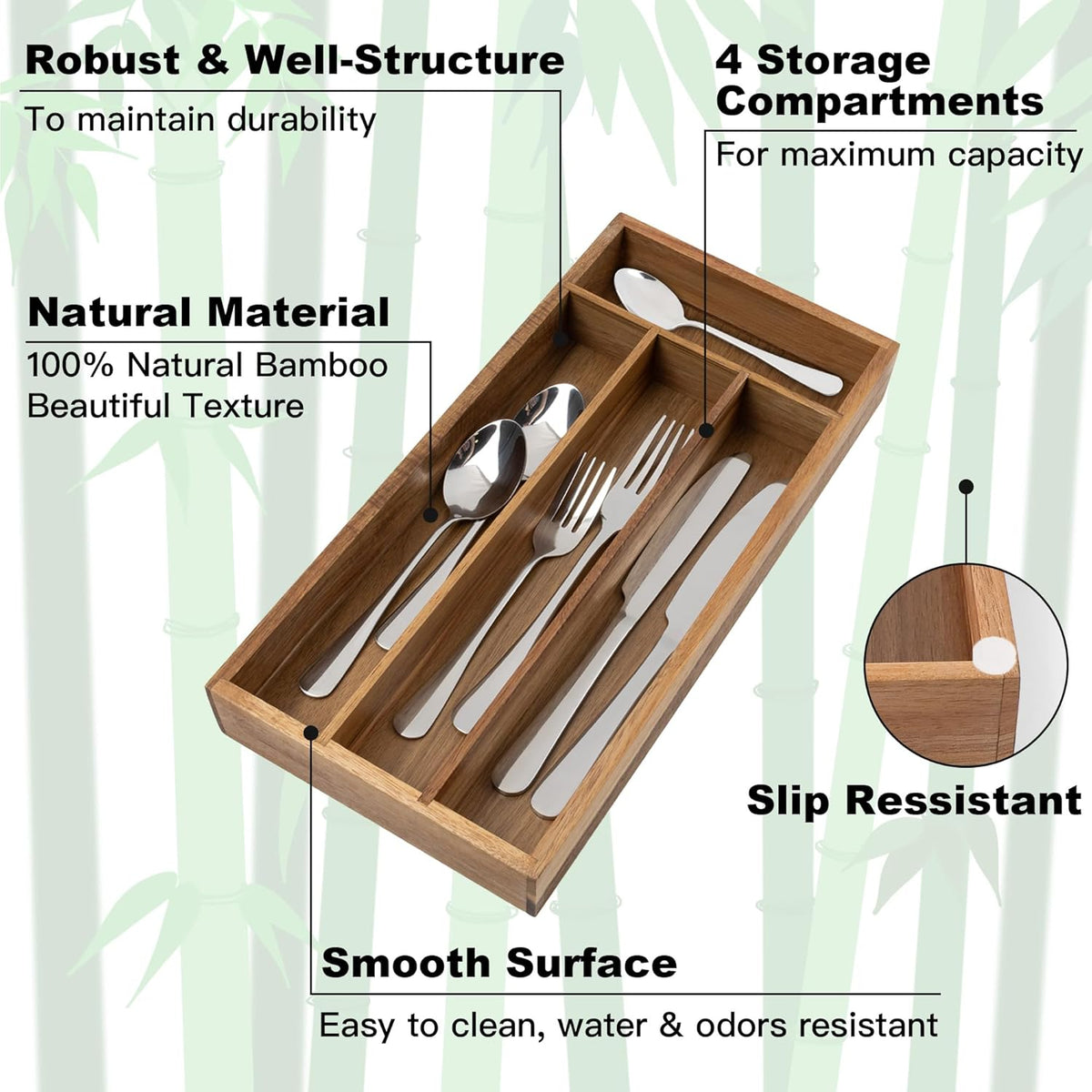 Silverware Organizer Small Bamboo Kitchen Drawer Organizer Utensil Organizer Silverware Holder Cutlery Organizer in drawer Flatware Organizer Tray (Black 4 Slots)