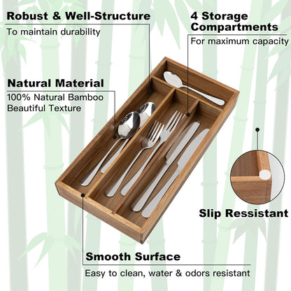 Silverware Organizer Small Bamboo Kitchen Drawer Organizer Utensil Organizer Silverware Holder Cutlery Organizer in drawer Flatware Organizer Tray (Black 4 Slots)