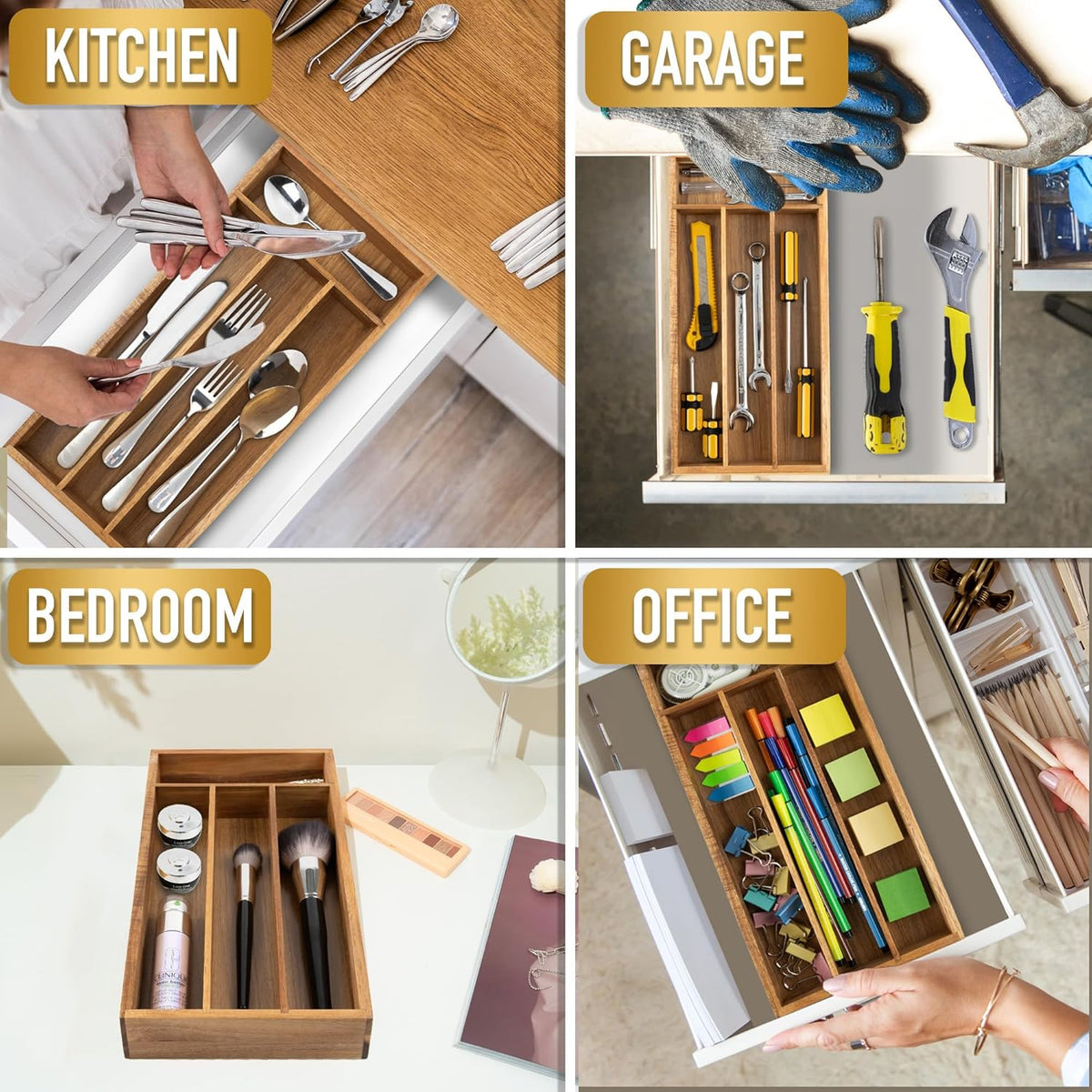 Silverware Organizer Small Bamboo Kitchen Drawer Organizer Utensil Organizer Silverware Holder Cutlery Organizer in drawer Flatware Organizer Tray (Black 4 Slots)