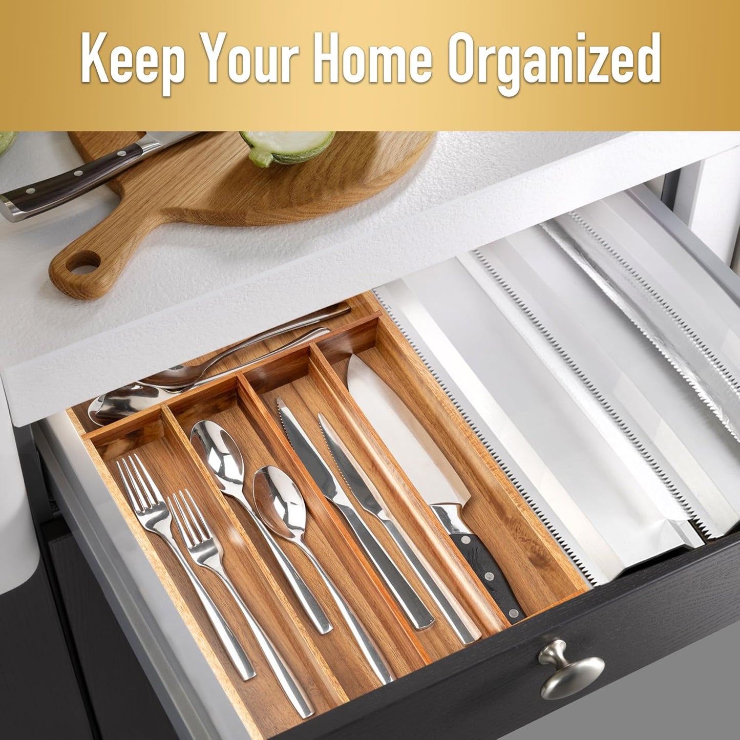 Silverware Organizer Small Bamboo Kitchen Drawer Organizer Utensil Organizer Silverware Holder Cutlery Organizer in drawer Flatware Organizer Tray (Black 4 Slots)