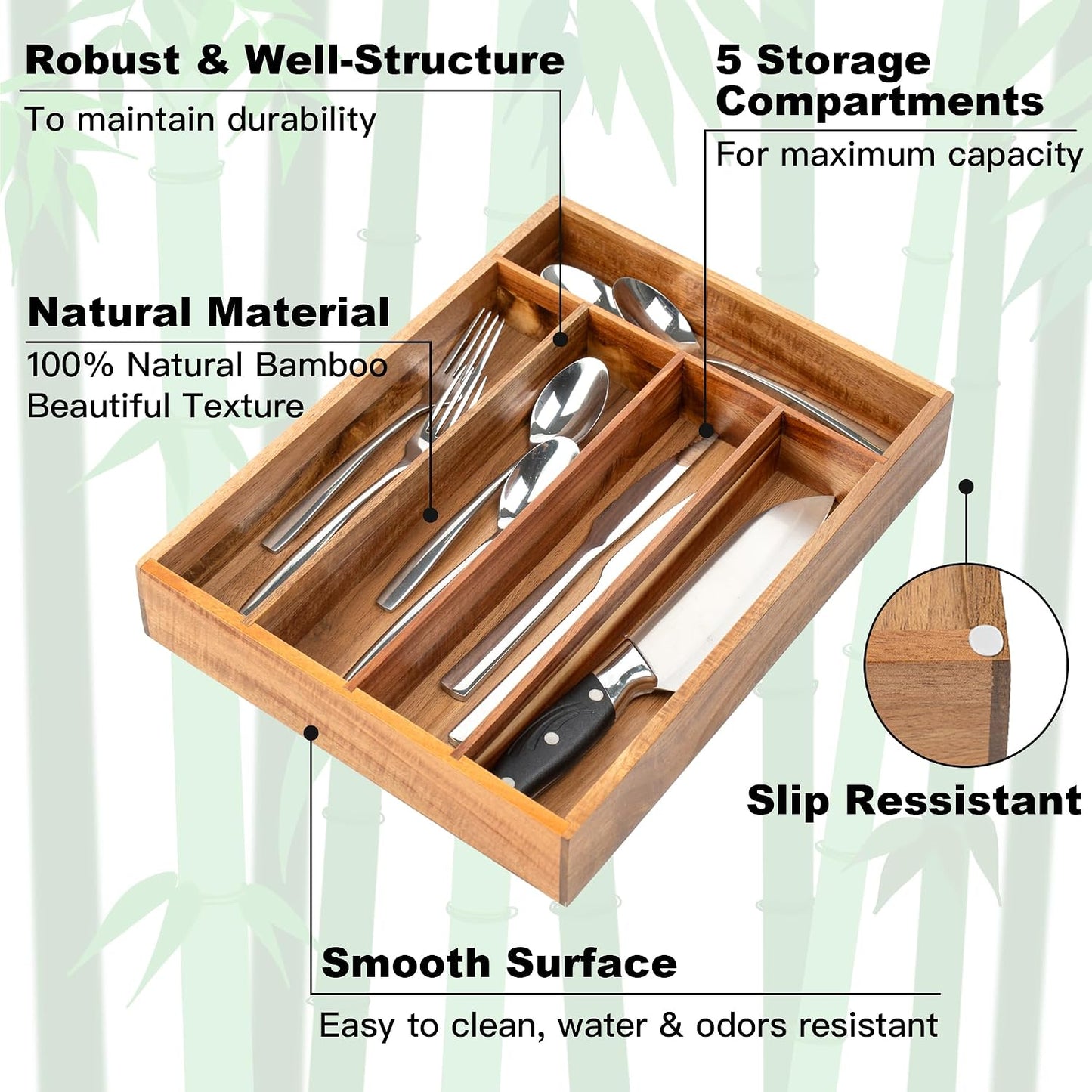 Silverware Organizer Small Bamboo Kitchen Drawer Organizer Utensil Organizer Silverware Holder Cutlery Organizer in drawer Flatware Organizer Tray (Black 4 Slots)