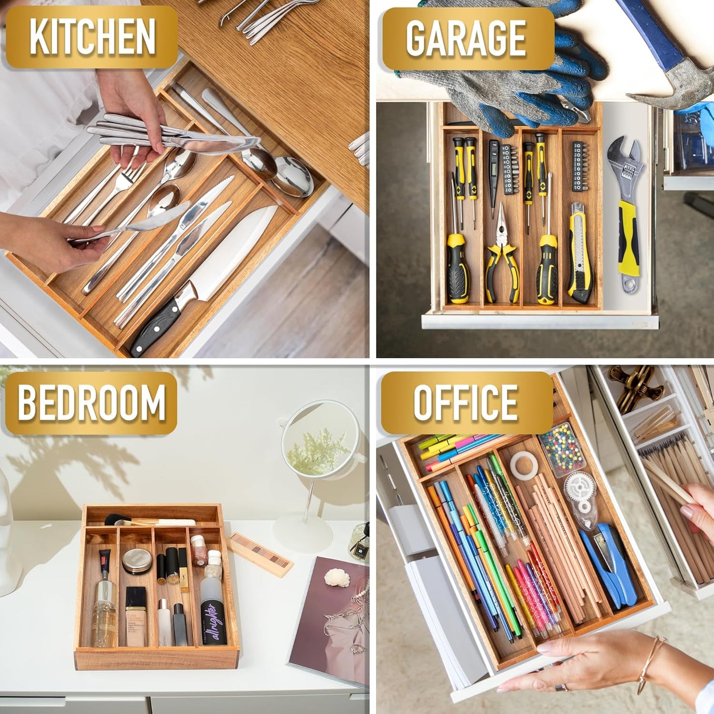Silverware Organizer Small Bamboo Kitchen Drawer Organizer Utensil Organizer Silverware Holder Cutlery Organizer in drawer Flatware Organizer Tray (Black 4 Slots)