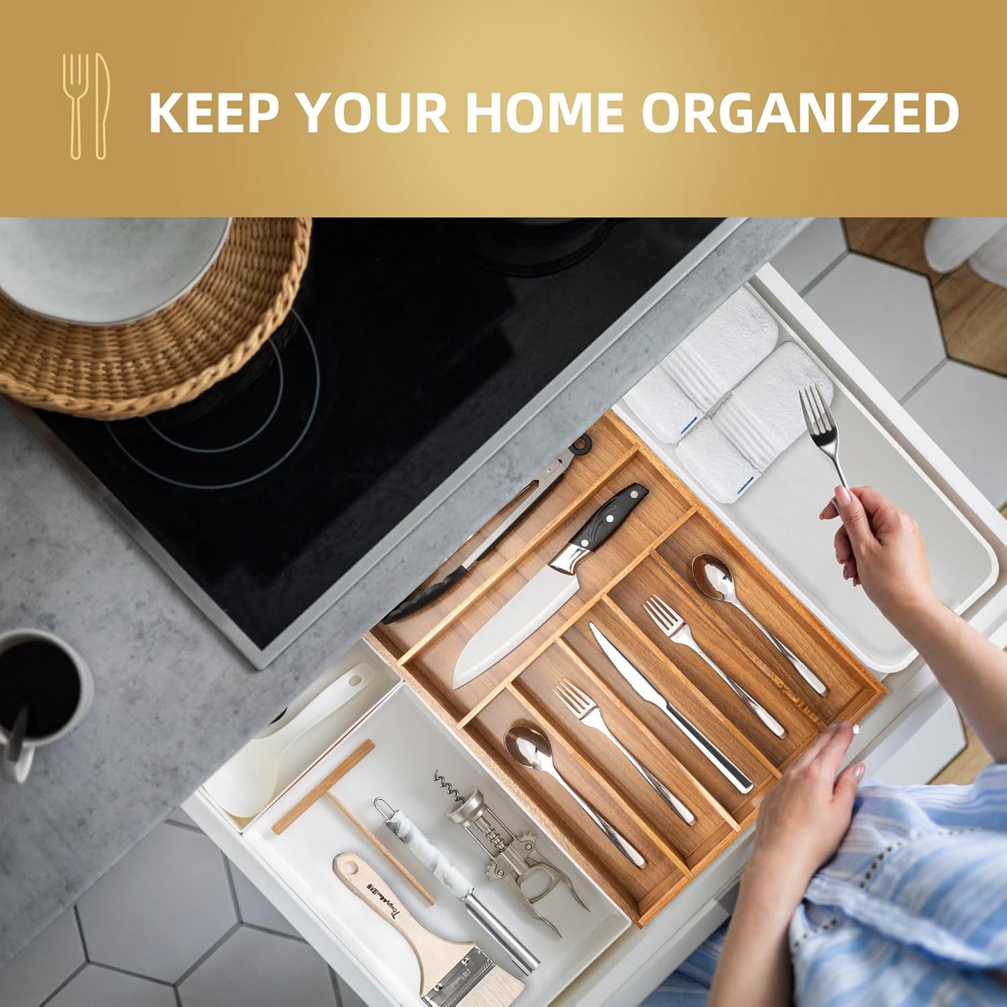Silverware Organizer Small Bamboo Kitchen Drawer Organizer Utensil Organizer Silverware Holder Cutlery Organizer in drawer Flatware Organizer Tray (Black 4 Slots)