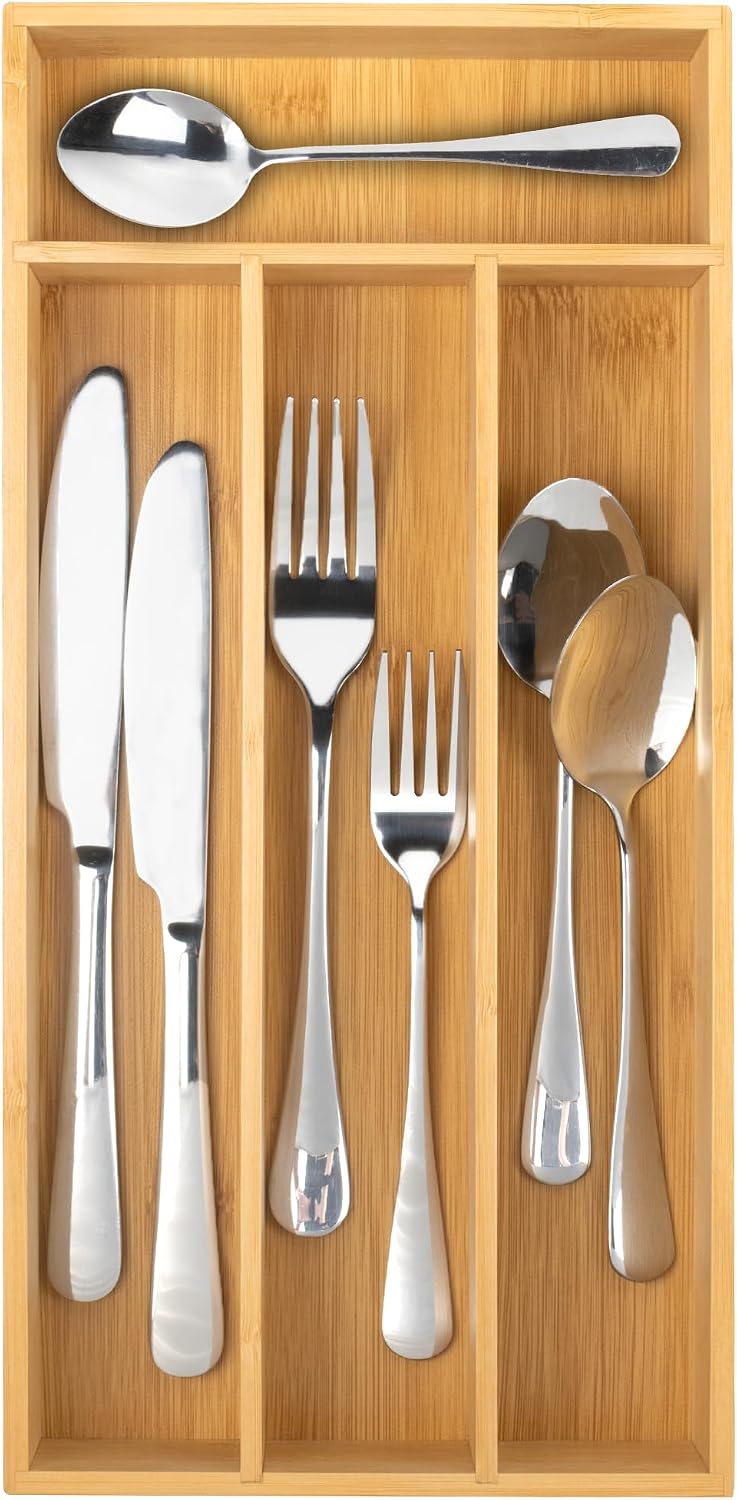 Silverware Organizer Small Bamboo Kitchen Drawer Organizer Utensil Organizer Silverware Holder Cutlery Organizer in drawer Flatware Organizer Tray (Black 4 Slots)