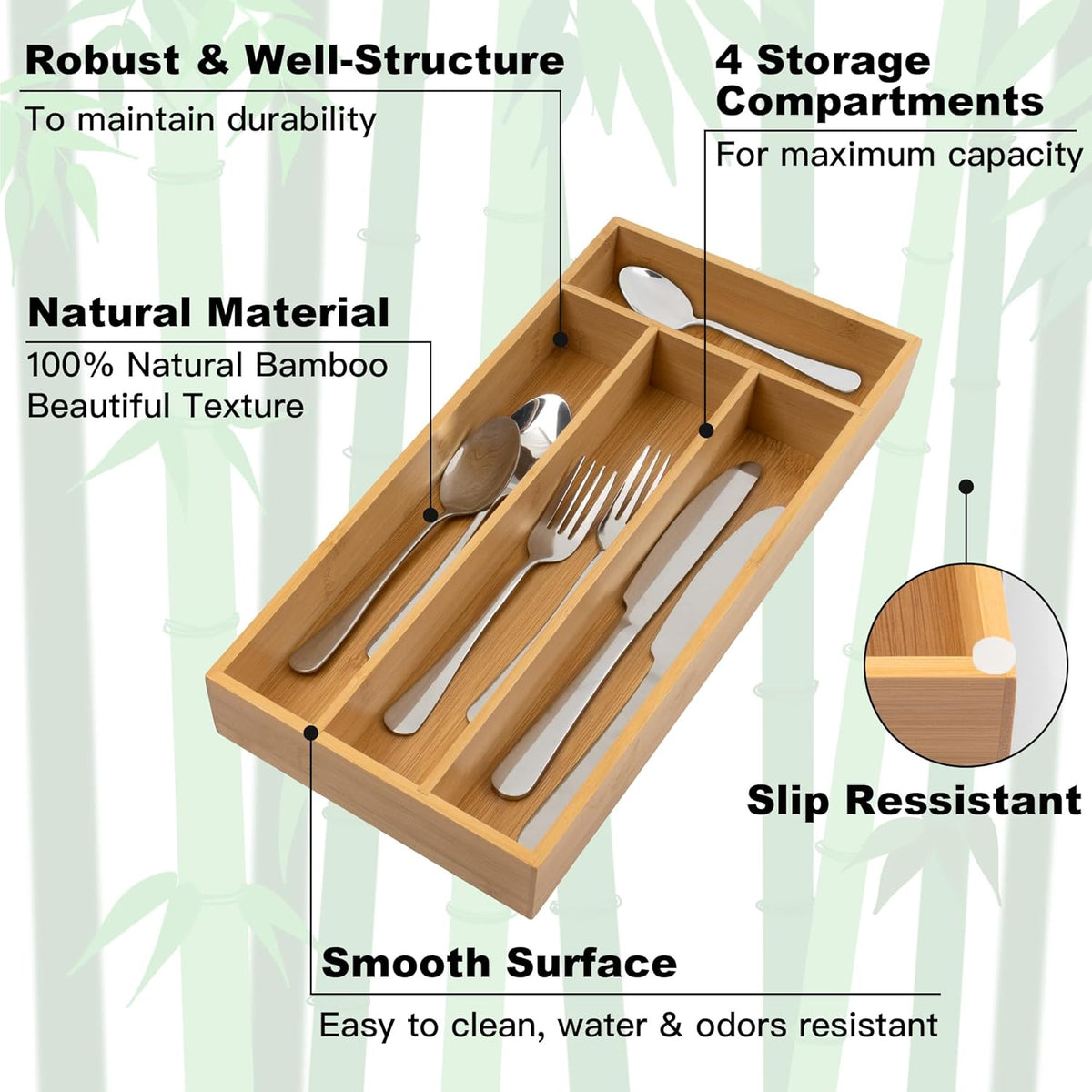 Silverware Organizer Small Bamboo Kitchen Drawer Organizer Utensil Organizer Silverware Holder Cutlery Organizer in drawer Flatware Organizer Tray (Black 4 Slots)