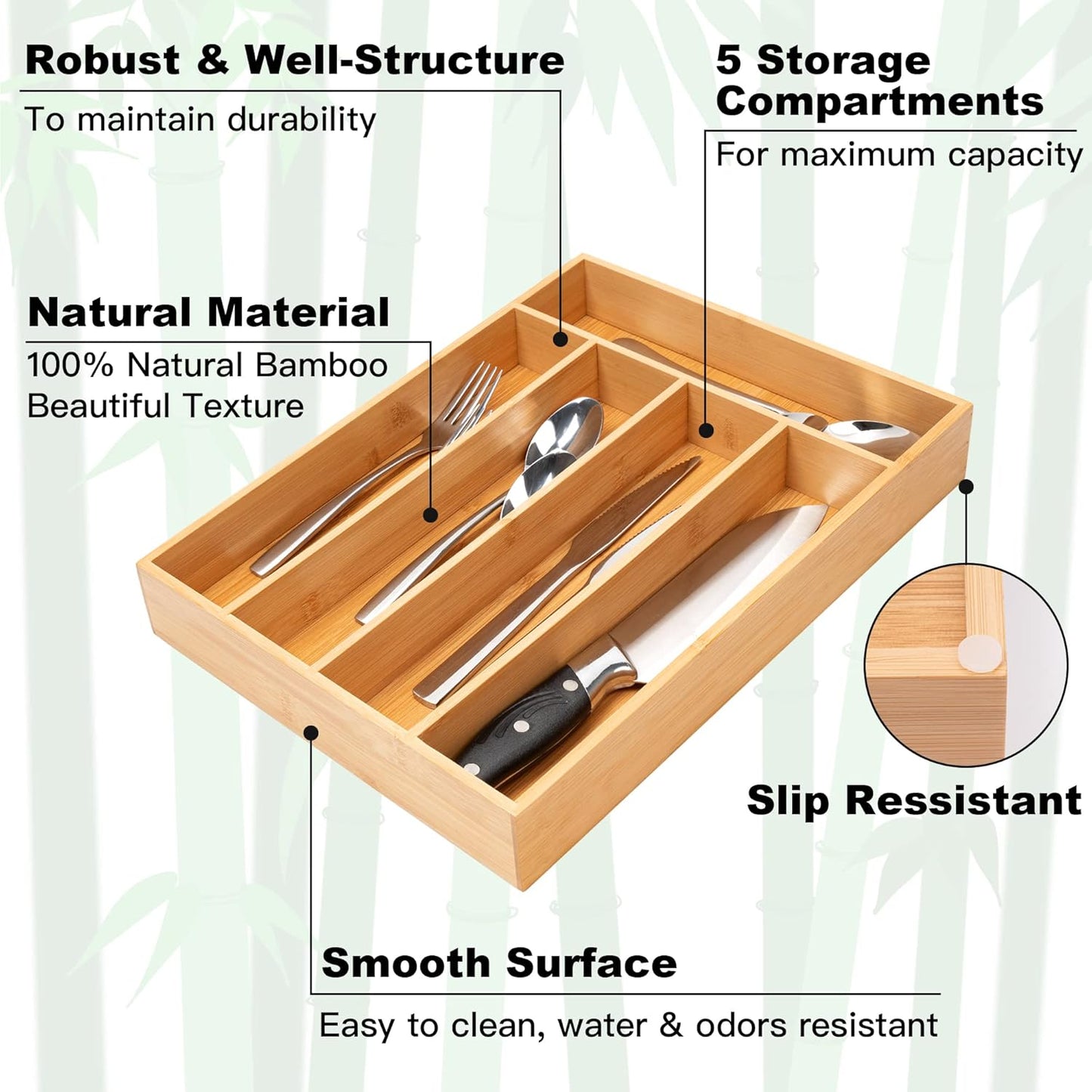 Silverware Organizer Small Bamboo Kitchen Drawer Organizer Utensil Organizer Silverware Holder Cutlery Organizer in drawer Flatware Organizer Tray (Black 4 Slots)