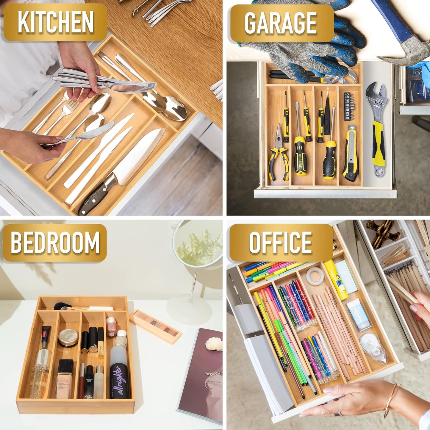 Silverware Organizer Small Bamboo Kitchen Drawer Organizer Utensil Organizer Silverware Holder Cutlery Organizer in drawer Flatware Organizer Tray (Black 4 Slots)