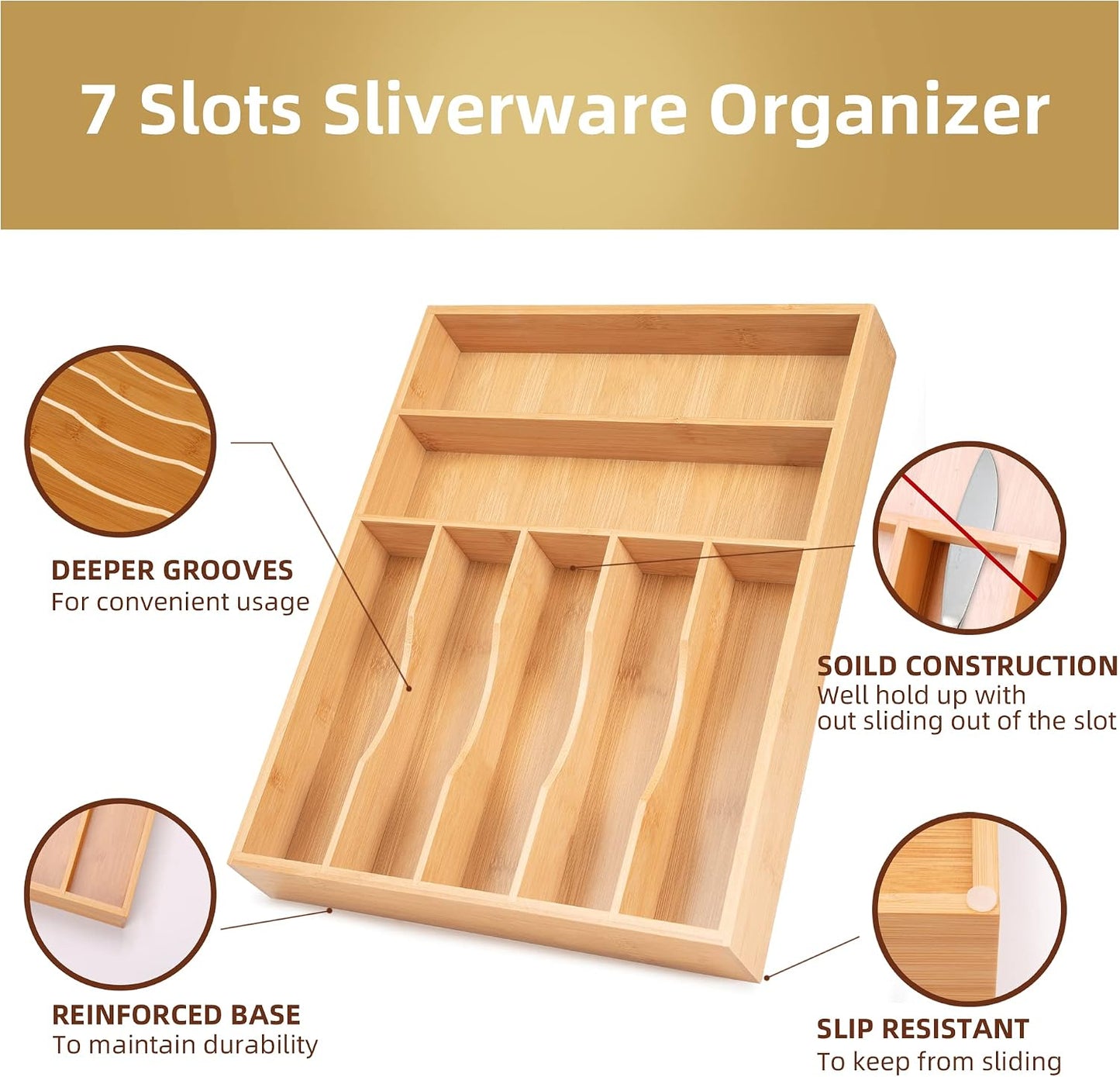 Silverware Organizer Small Bamboo Kitchen Drawer Organizer Utensil Organizer Silverware Holder Cutlery Organizer in drawer Flatware Organizer Tray (Black 4 Slots)