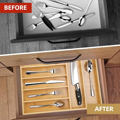 Silverware Organizer Small Bamboo Kitchen Drawer Organizer Utensil Organizer Silverware Holder Cutlery Organizer in drawer Flatware Organizer Tray (Black 4 Slots)
