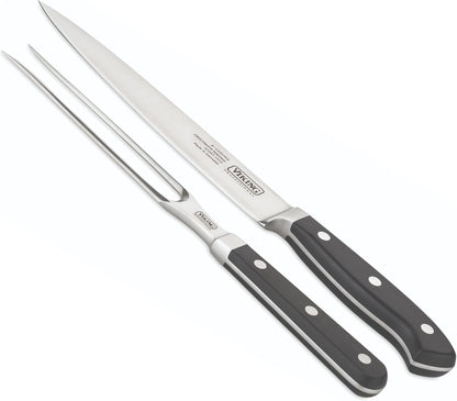 Carving Knife and Fork Set, 8 Inch German Stainless Steel Knife and Fork with Ergonomic Handles for Turkey, Roasts and Chicken, Black