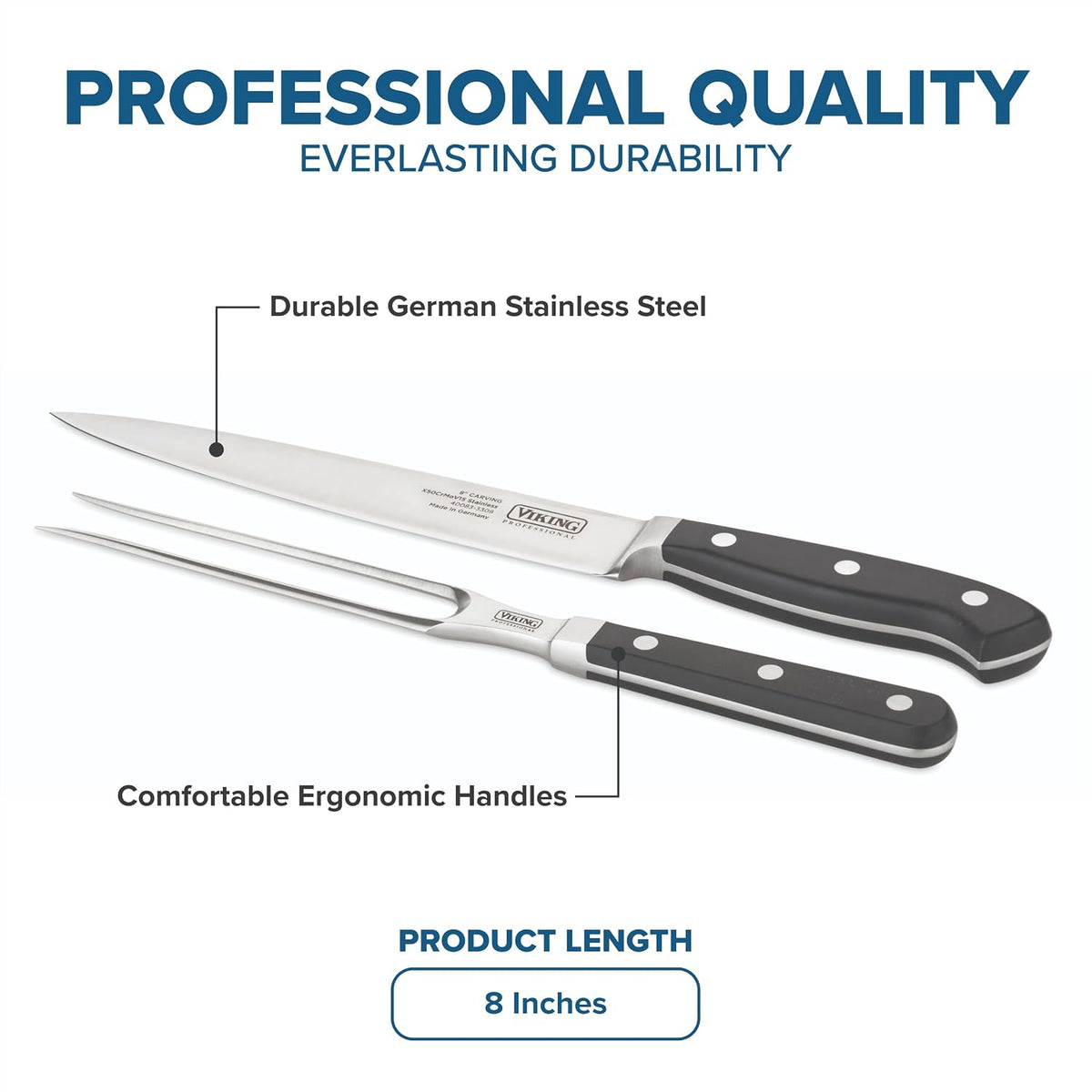 Carving Knife and Fork Set, 8 Inch German Stainless Steel Knife and Fork with Ergonomic Handles for Turkey, Roasts and Chicken, Black
