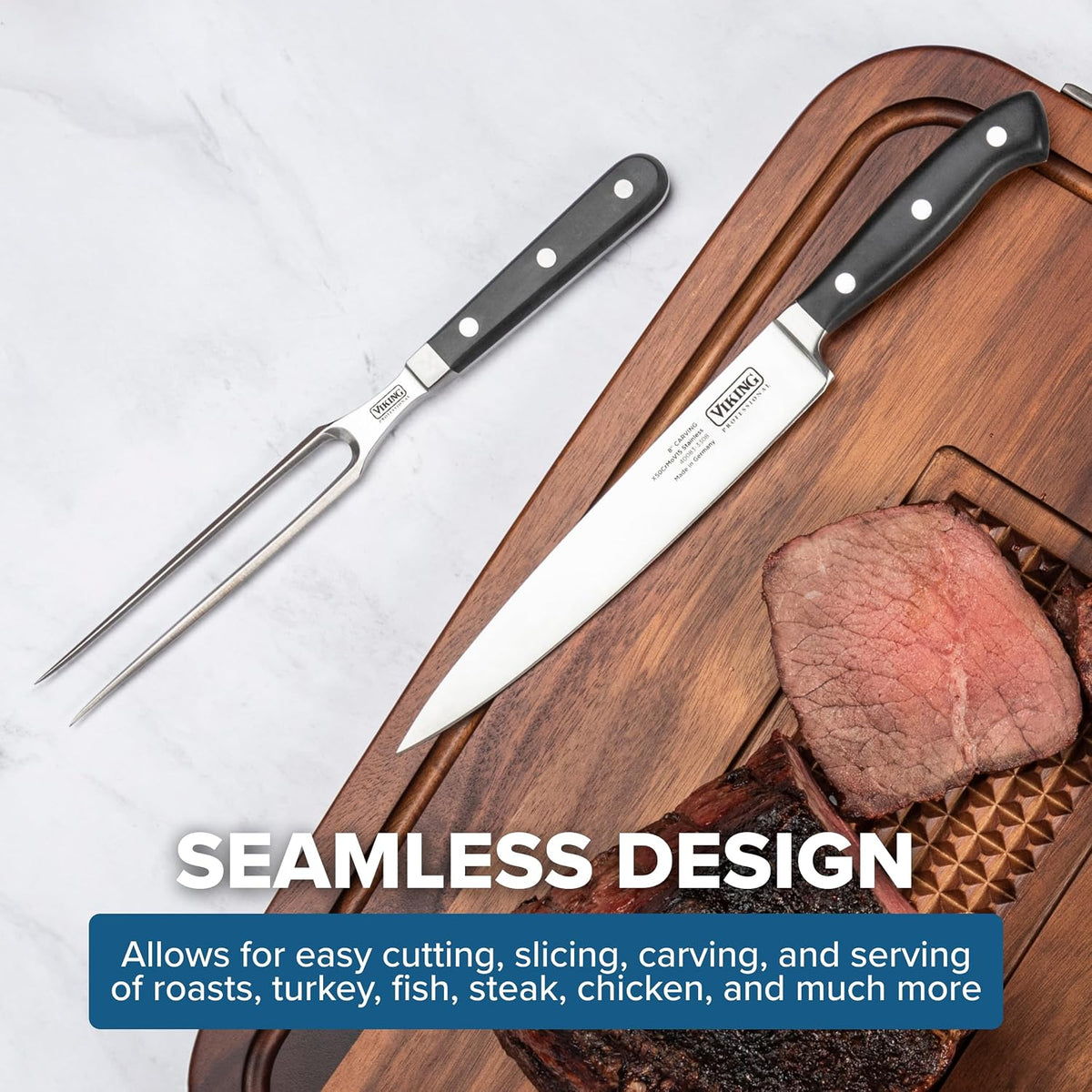 Carving Knife and Fork Set, 8 Inch German Stainless Steel Knife and Fork with Ergonomic Handles for Turkey, Roasts and Chicken, Black