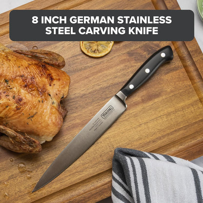 Carving Knife and Fork Set, 8 Inch German Stainless Steel Knife and Fork with Ergonomic Handles for Turkey, Roasts and Chicken, Black
