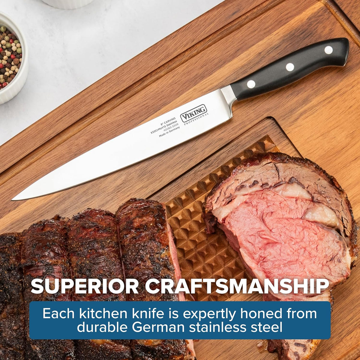 Carving Knife and Fork Set, 8 Inch German Stainless Steel Knife and Fork with Ergonomic Handles for Turkey, Roasts and Chicken, Black