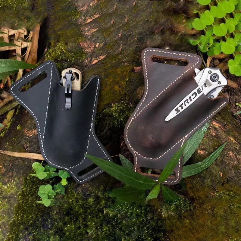Leather Knife Sheaths for Belt, Pocket Knife Holder, EDC Sheath for Folding, Compact Draw Knife Holster Dark Brown