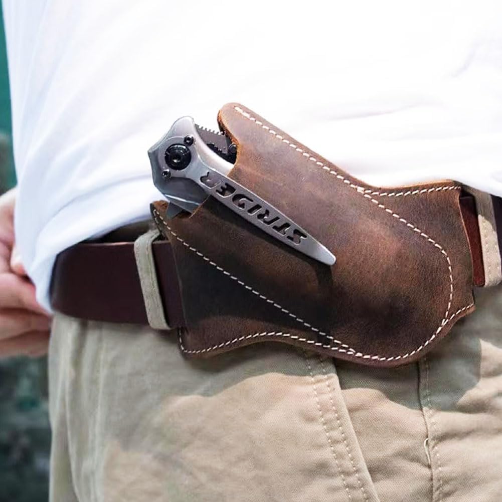 Leather Knife Sheaths for Belt, Pocket Knife Holder, EDC Sheath for Folding, Compact Draw Knife Holster Dark Brown